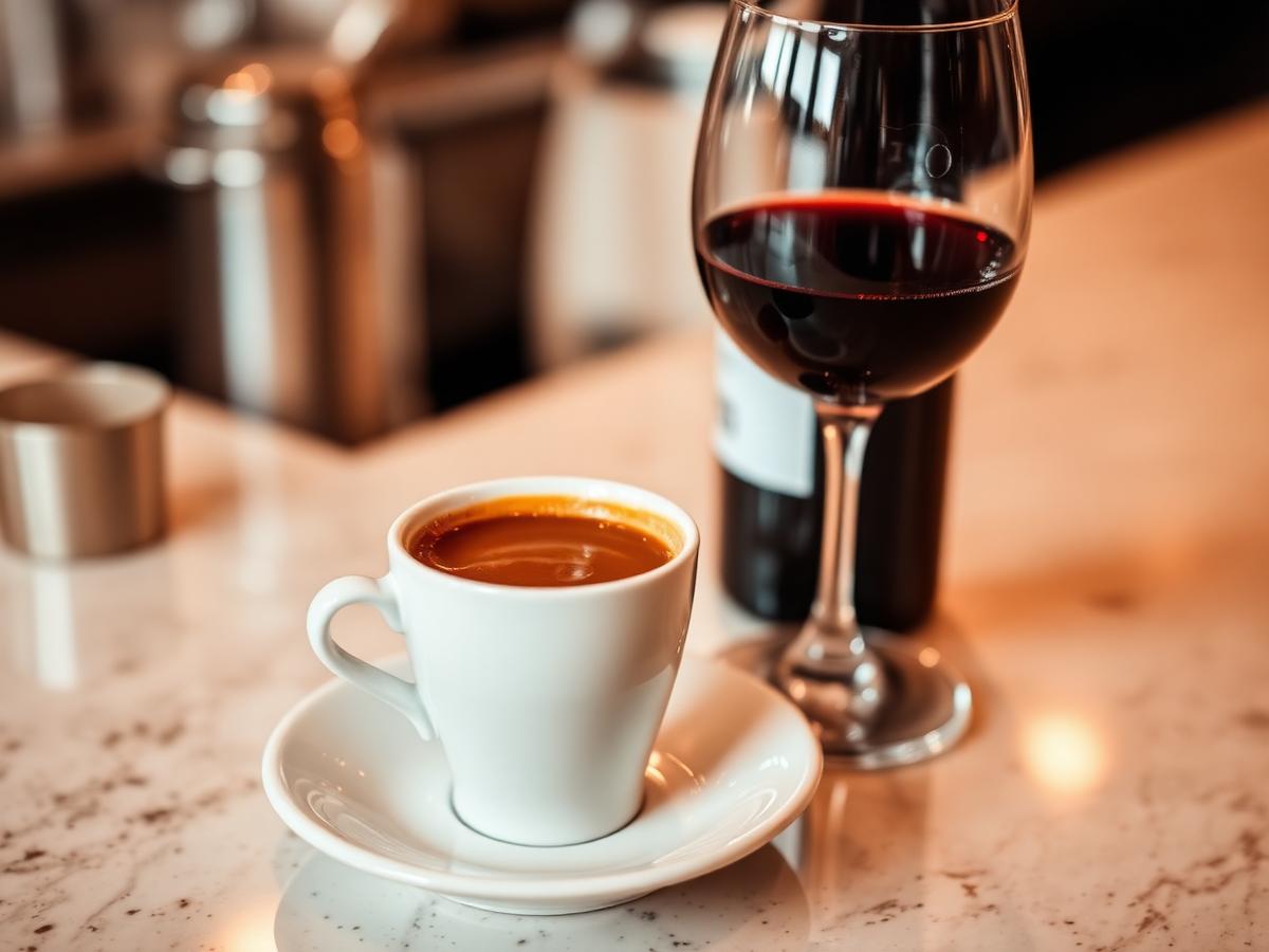 Espresso und ein Glas Rotwein auf der Theke