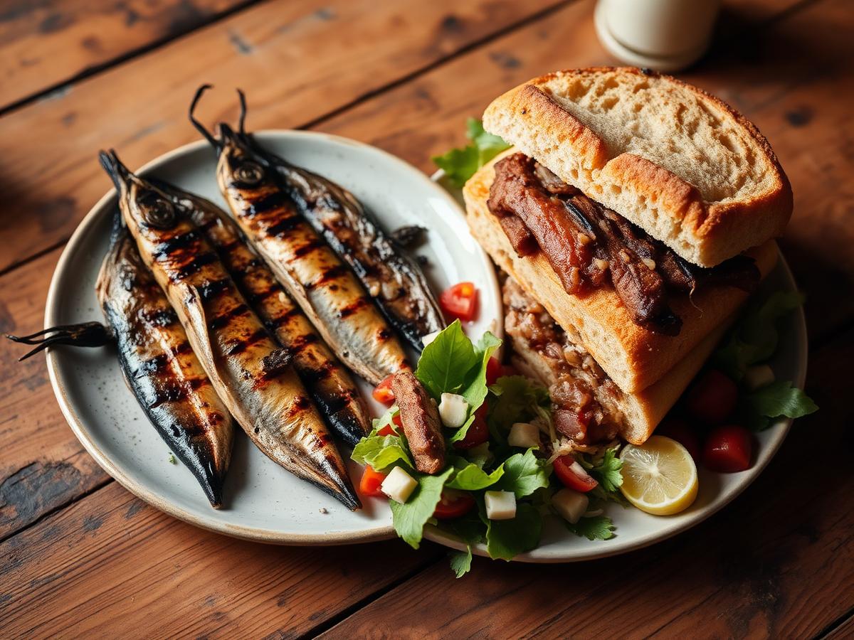 Gegrillte Sardinen und Bifana-Sandwich auf einem Teller